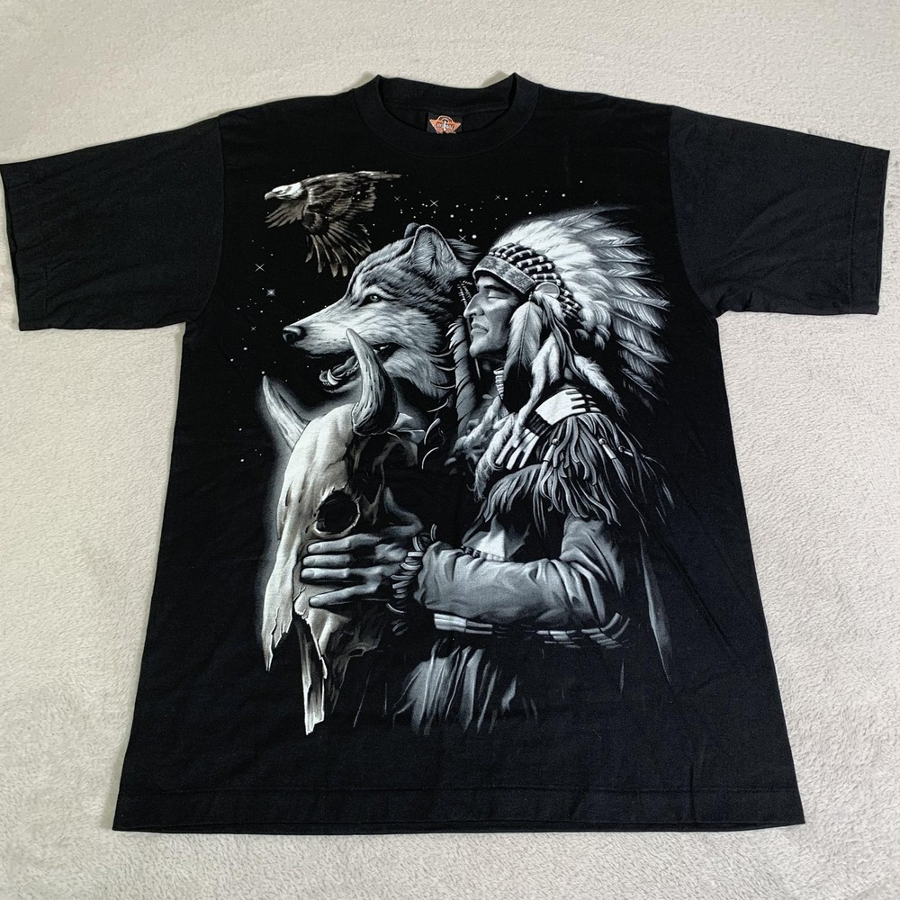 Vintage Rock Eagle Shirt Mens Large Black Wolf Native Chief Double Sided Graphic